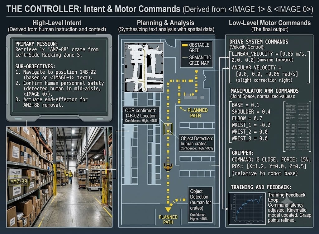 Controller breakdown: high-level intent to retrieve a crate, a planned path over an obstacle grid, and the resulting drive, manipulator-arm and gripper commands