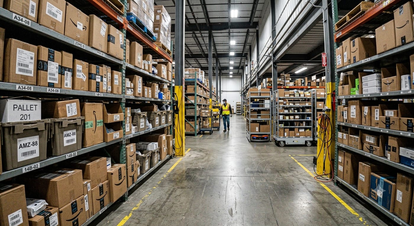 A warehouse aisle: pallet racking stacked with labelled boxes, floor safety markings, and a worker in a high-visibility vest walking toward the camera