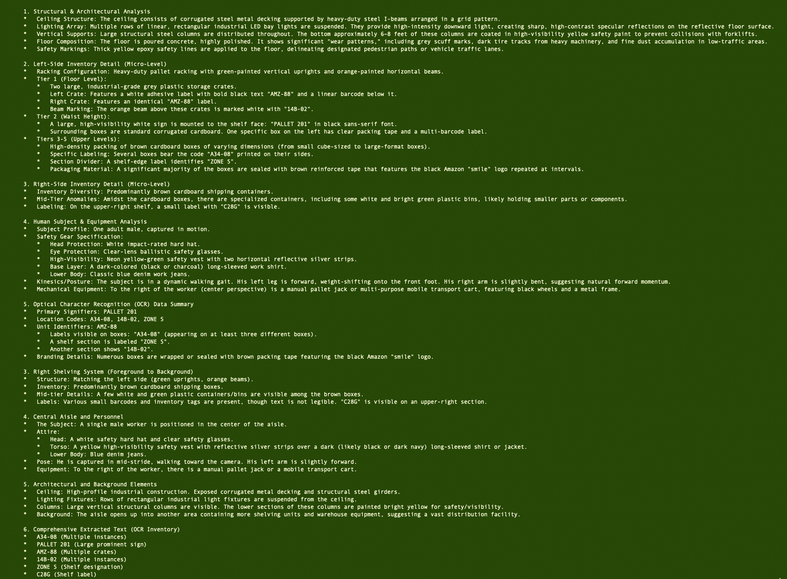 Star's structured read of the warehouse scene: racking layout and tier-by-tier inventory, transcribed shelf codes, and an analysis of the worker's safety gear and posture