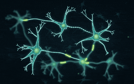 Animated network of glowing neurons passing signals to each other