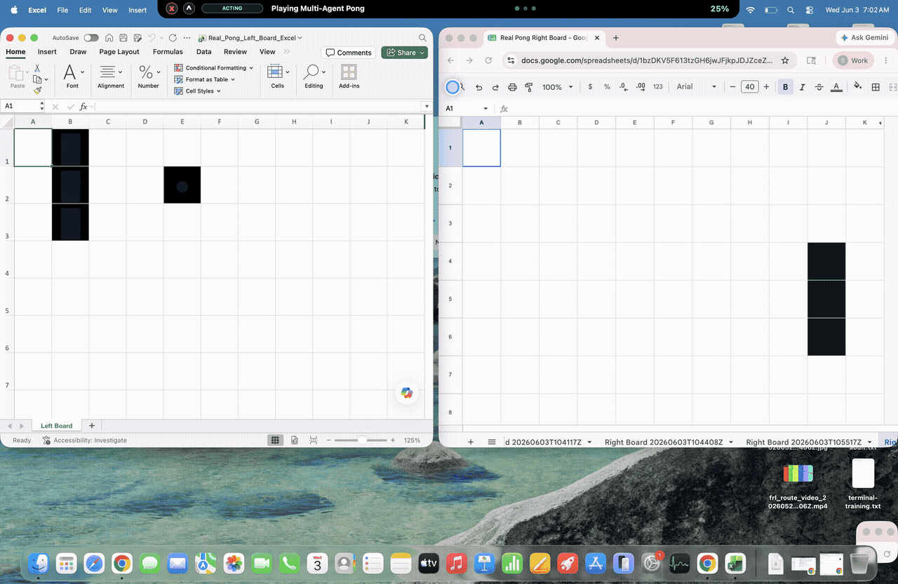 Star playing multi-agent Pong across a real Excel spreadsheet and a real Google Sheet, the paddles and ball drawn as filled cells